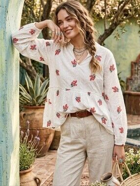 Anthropologie Solitaire boho White embroidered Floral Eyelet cotton Blouse Large